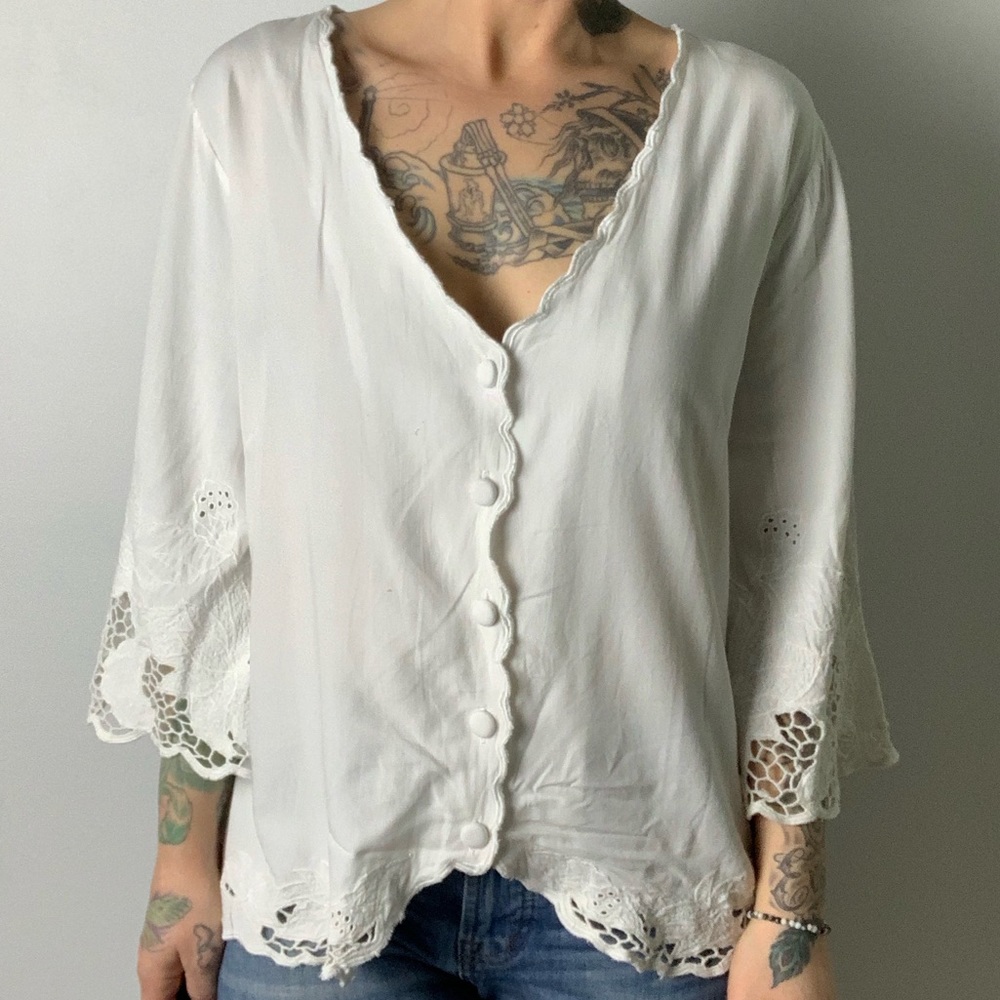 SOFT SURROUNDINGS Scalloped Button Up Blouse - Picture 2 of 5